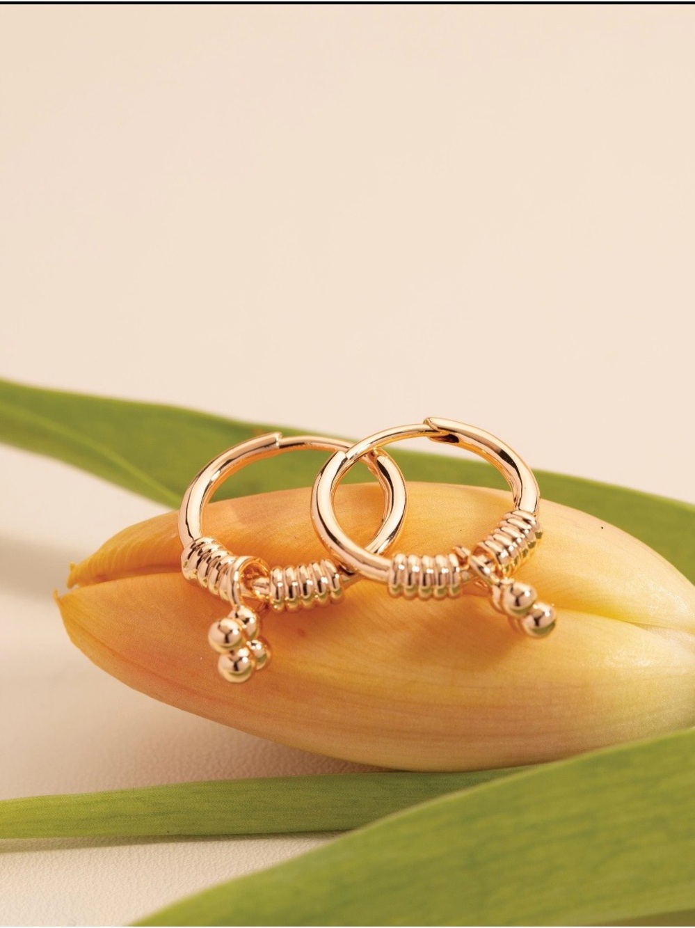 Gold Dangle Flower Hoop Earrings 14k Gold Plated